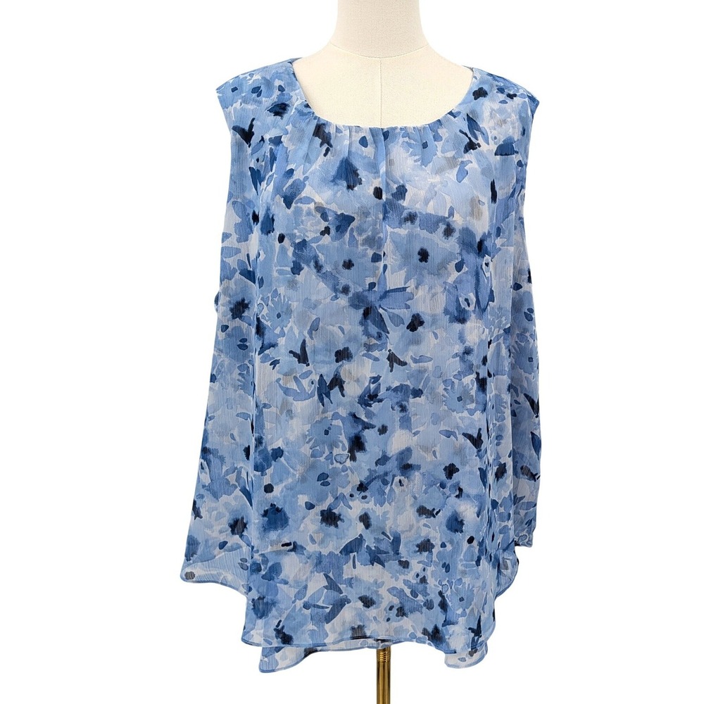 Flowy‎ Blue Floral Sleeveless Blouse Lightweight Airy Feel